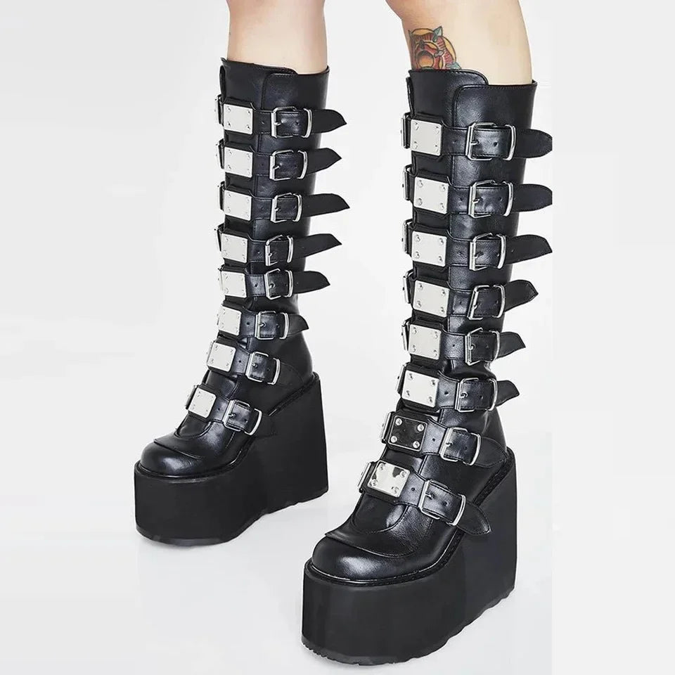 Bottes Cosplay Gothiques En Cuir À Boucles Plateforme