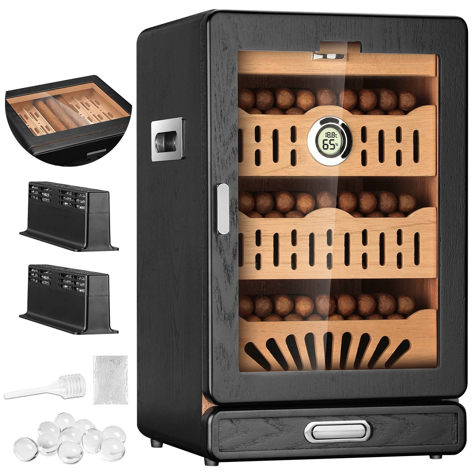 Cigar Humidor Cabinet,Desktop Humidor,with 4 Spanish Cedar Wood Shelves, 2 Humidifiers,Digital Hygrometer Thermometer and Drawer