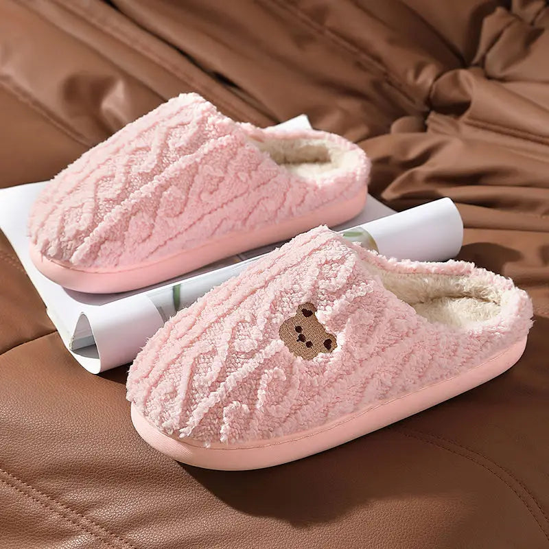 Pantoufles Peluche Ours Dessin Animé Semelle Épaisse Rose