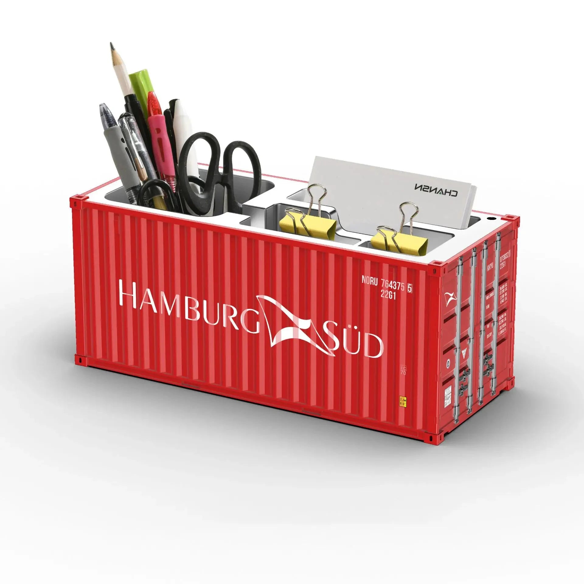 Porte-stylos bureau rouge en forme de conteneur maritime, compartiments pour stylos, ciseaux et trombones.