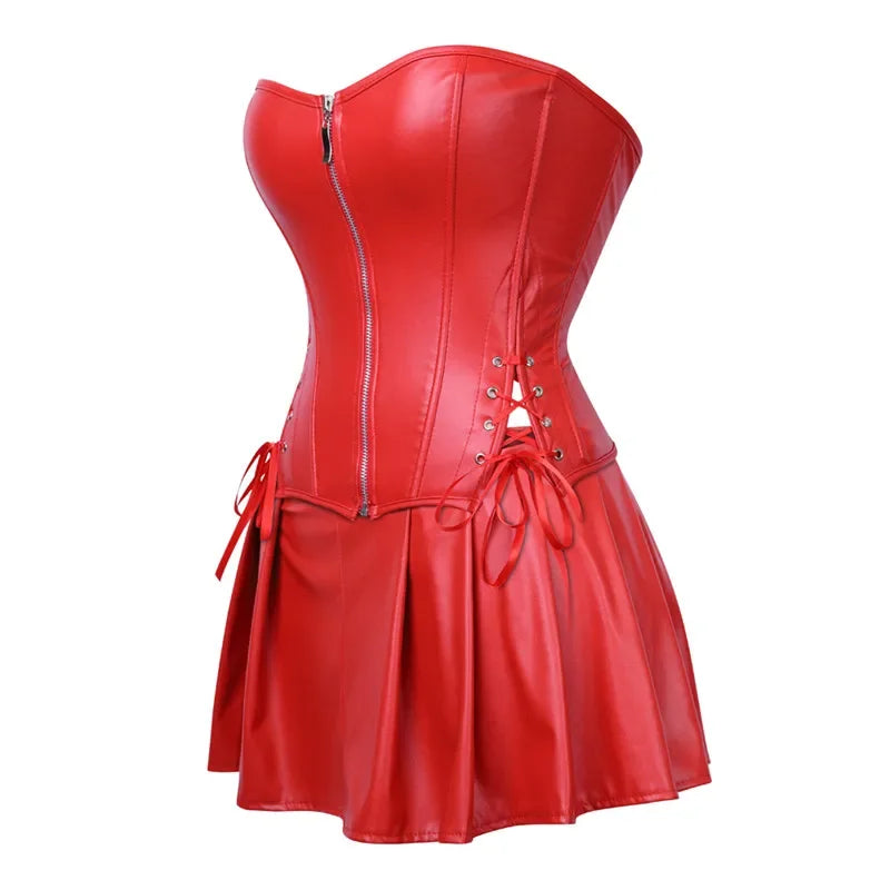 Korsett-Bustier und Mini-Rock mit Schnürung – Schwarz / Rot