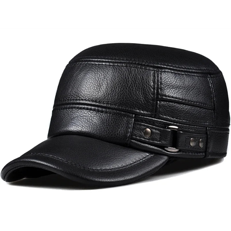 LKSORL Casquette Hiver Cuir Véritable Marron Militaire