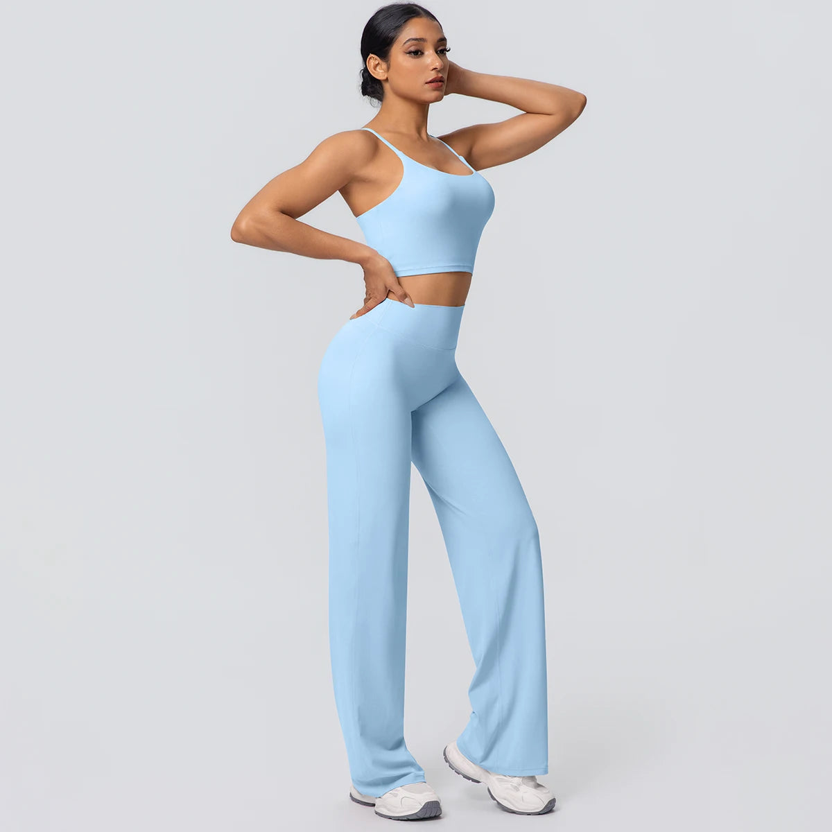Ensemble Sport Femme Bleu Clair Dos Nu Bretelles Pantalon Taille Haute