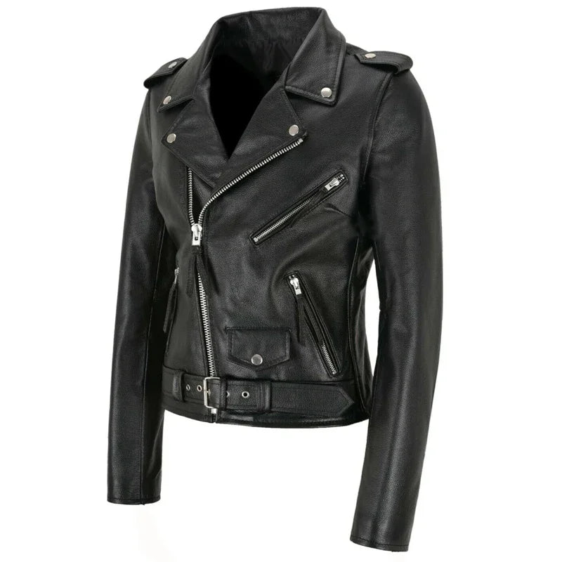 Veste Moto Cuir Noire Femme Style Punk Fermeture Éclair