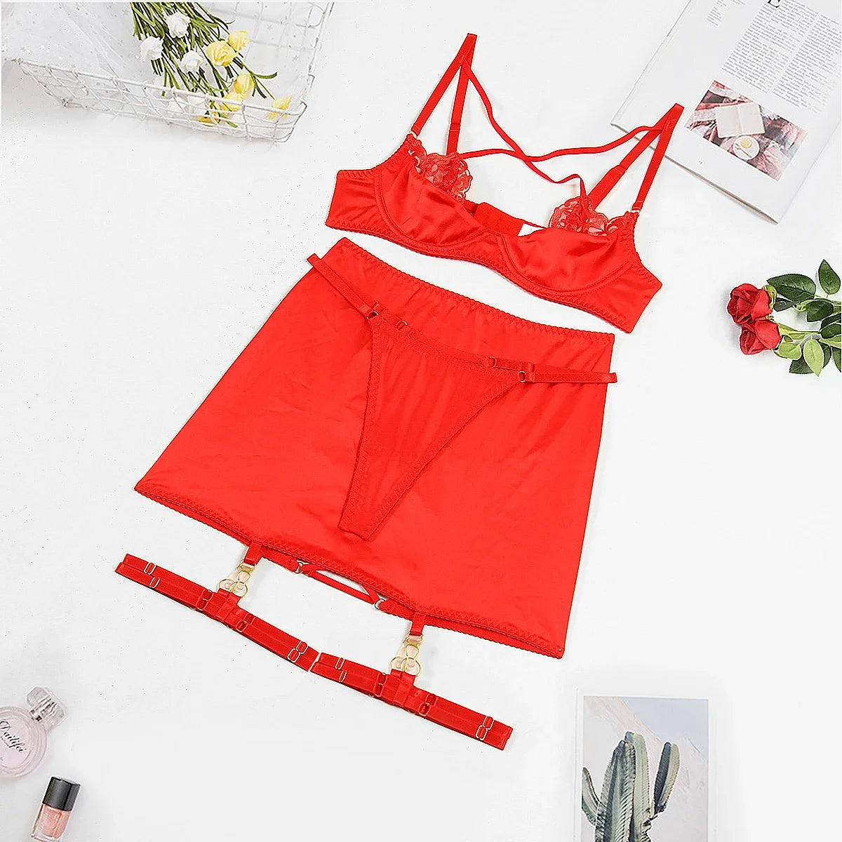 Ellolace Red Lace Push-Up Criss-Cross Bra Lingerie Set