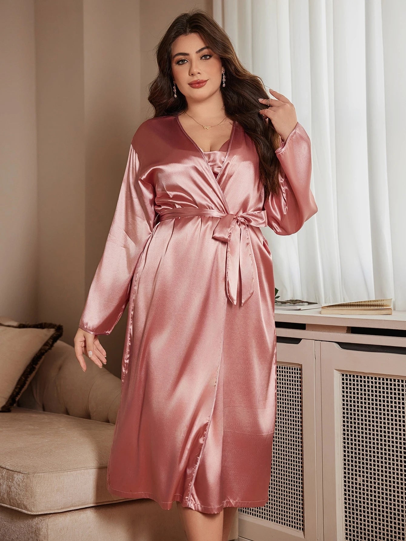 Chemise de Nuit Satin Polyester Rose Grande Taille