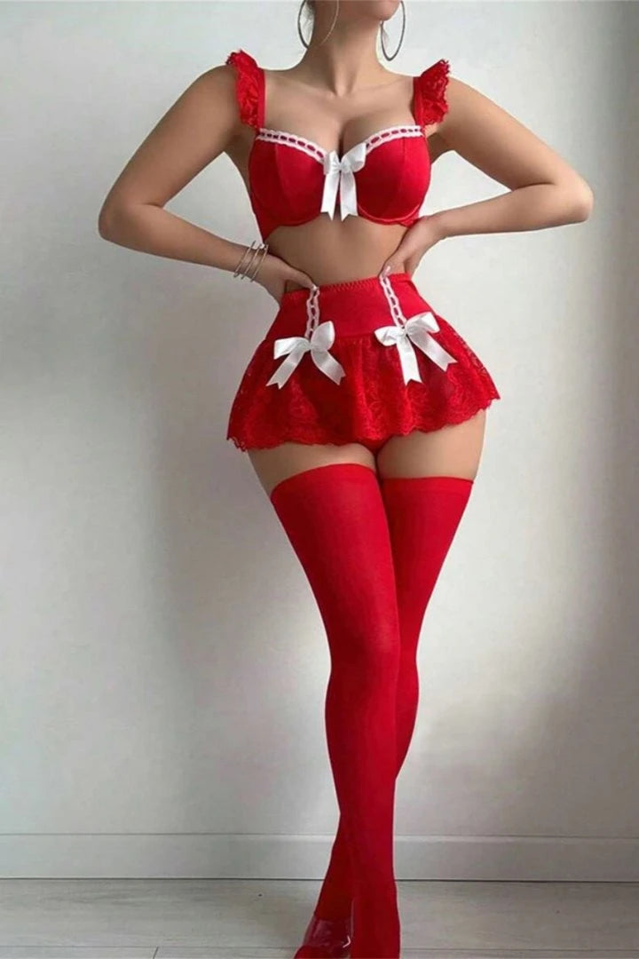 Dedomon Red Lace Maid Cosplay Lingerie Set