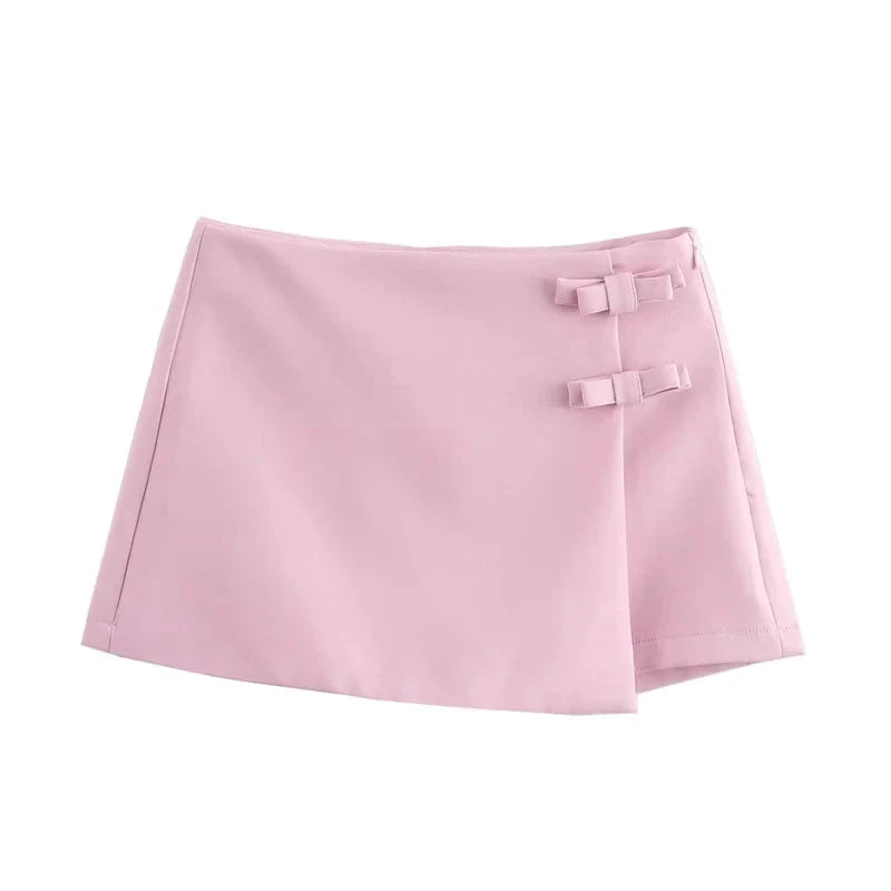 Jupe courte femme – Skort rose clair, effet wrap et deux petits noeuds sur le côté