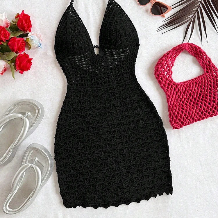 Robe d'été courte en maille à perles de bois – Soleia