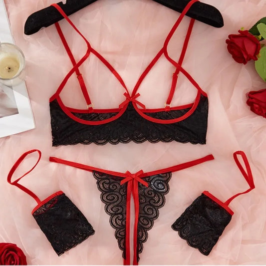 Tornova Lingerie Dentelle Noeud Papillon Jarretières Noir Rouge