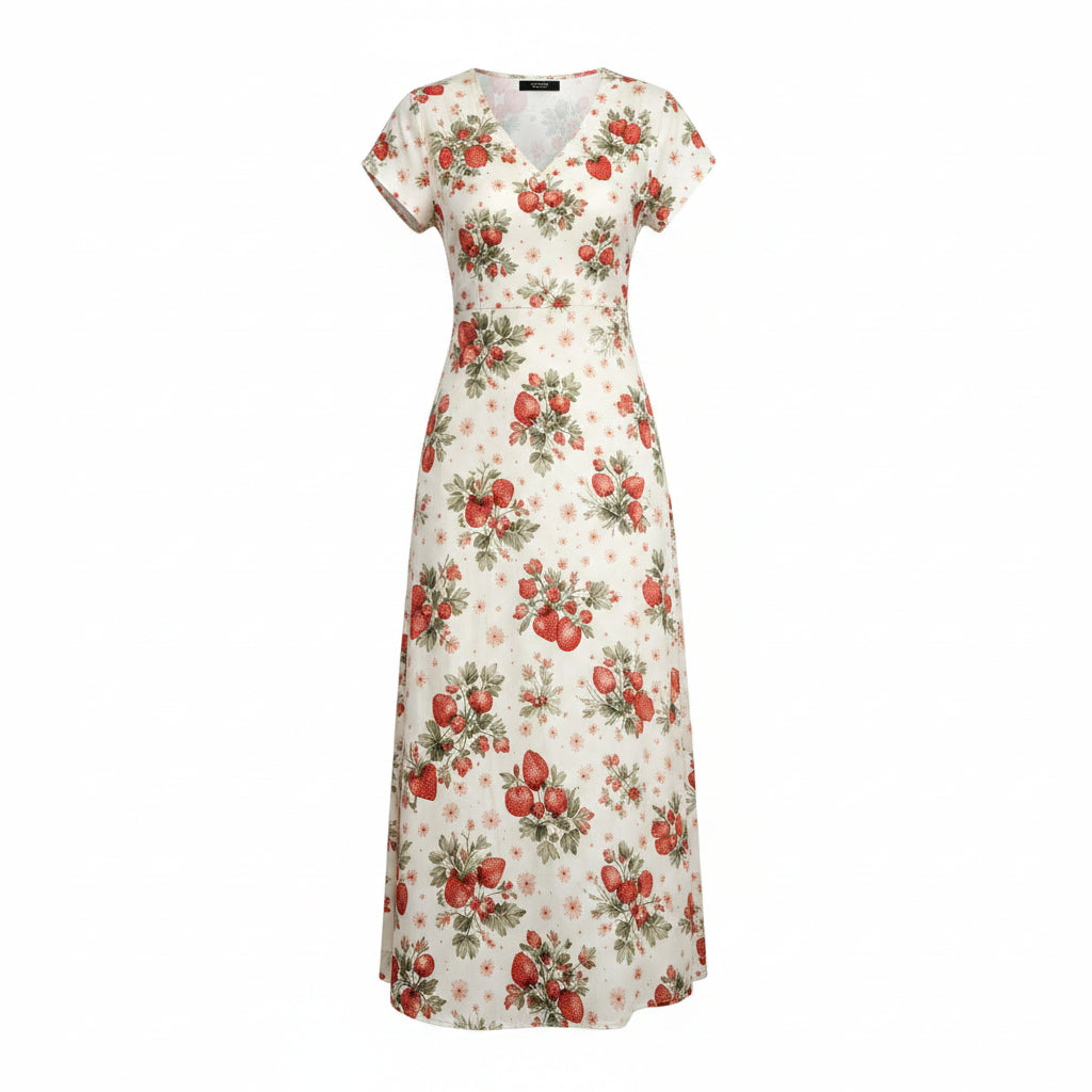 Damen Bohemian Blumen Maxikleid, V-Ausschnitt, kurze Ärmel, seitlicher Schlitz, Freizeitkleid für Strand und Reisen