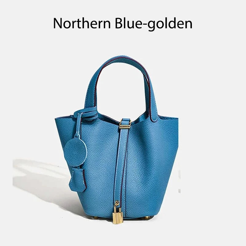 Sac à main seau en cuir véritable W881002-1, Mendy, bleu cobalt avec ferrures dorées