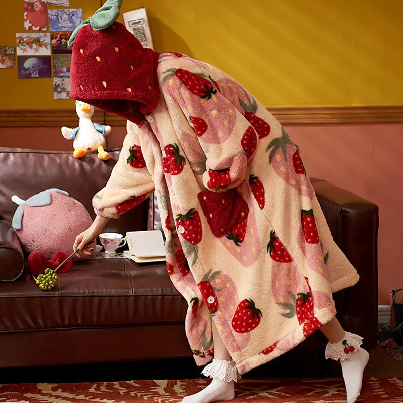 Jemma Leong Pyjama Femme Flanelle Capuche Fraise Dessin Animé