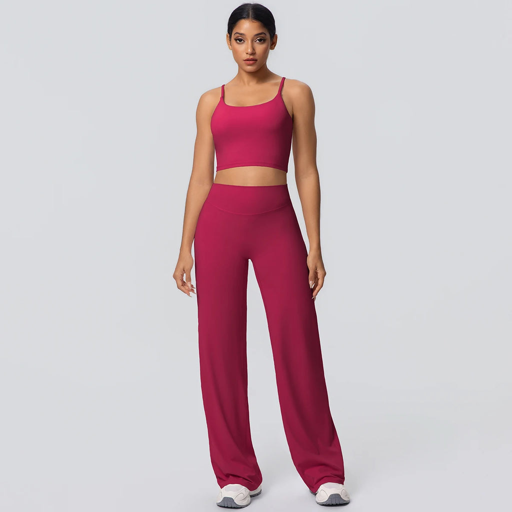 Ensemble Sport Femme Bleu Clair Dos Nu Bretelles Pantalon Taille Haute