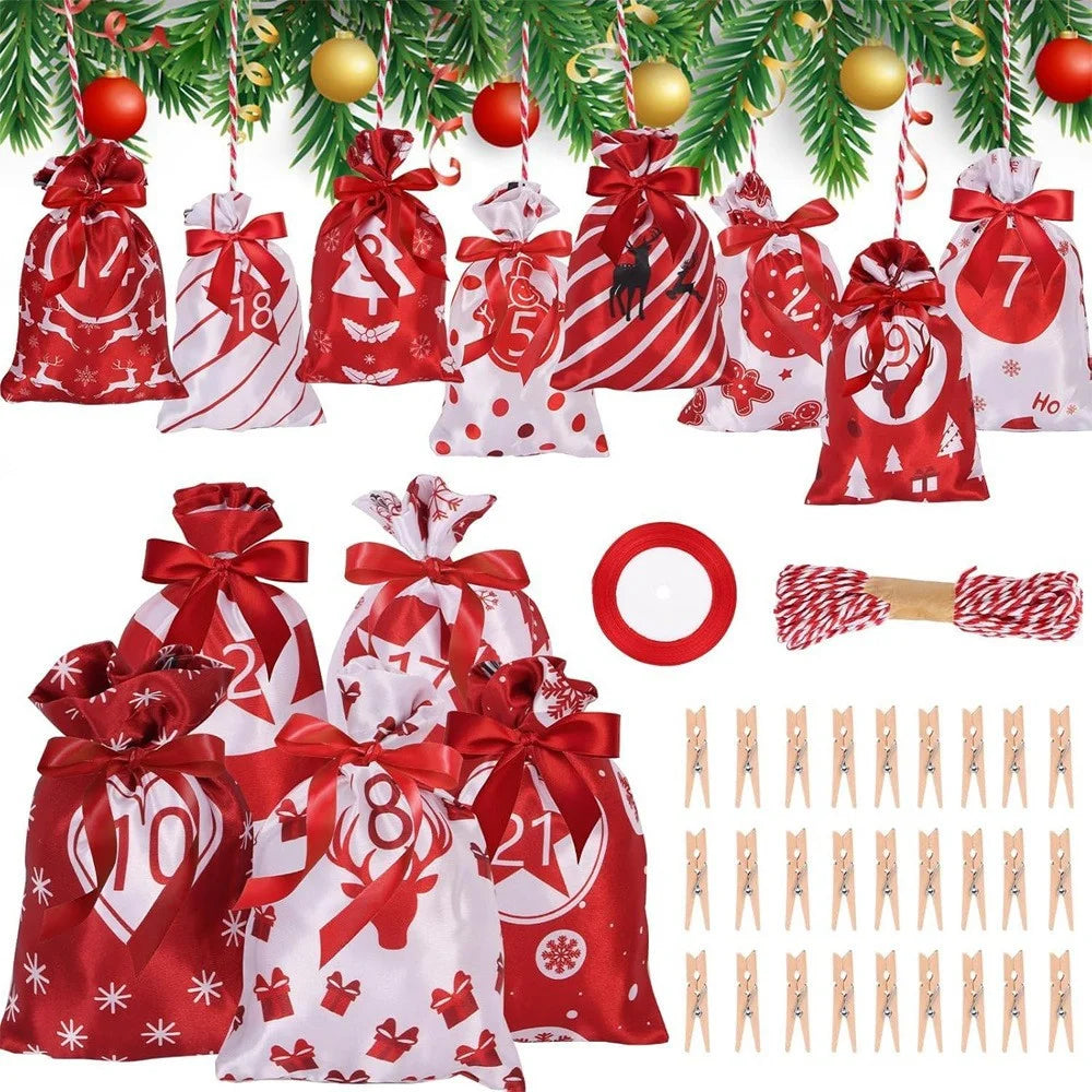 Sac De Calendrier De Noël 24 Jours 50 Pièces En Satin Lisse Avec Cordon Teint Par Couleur Pour Bonbons Et Cadeaux by LSDLBoutique.ch