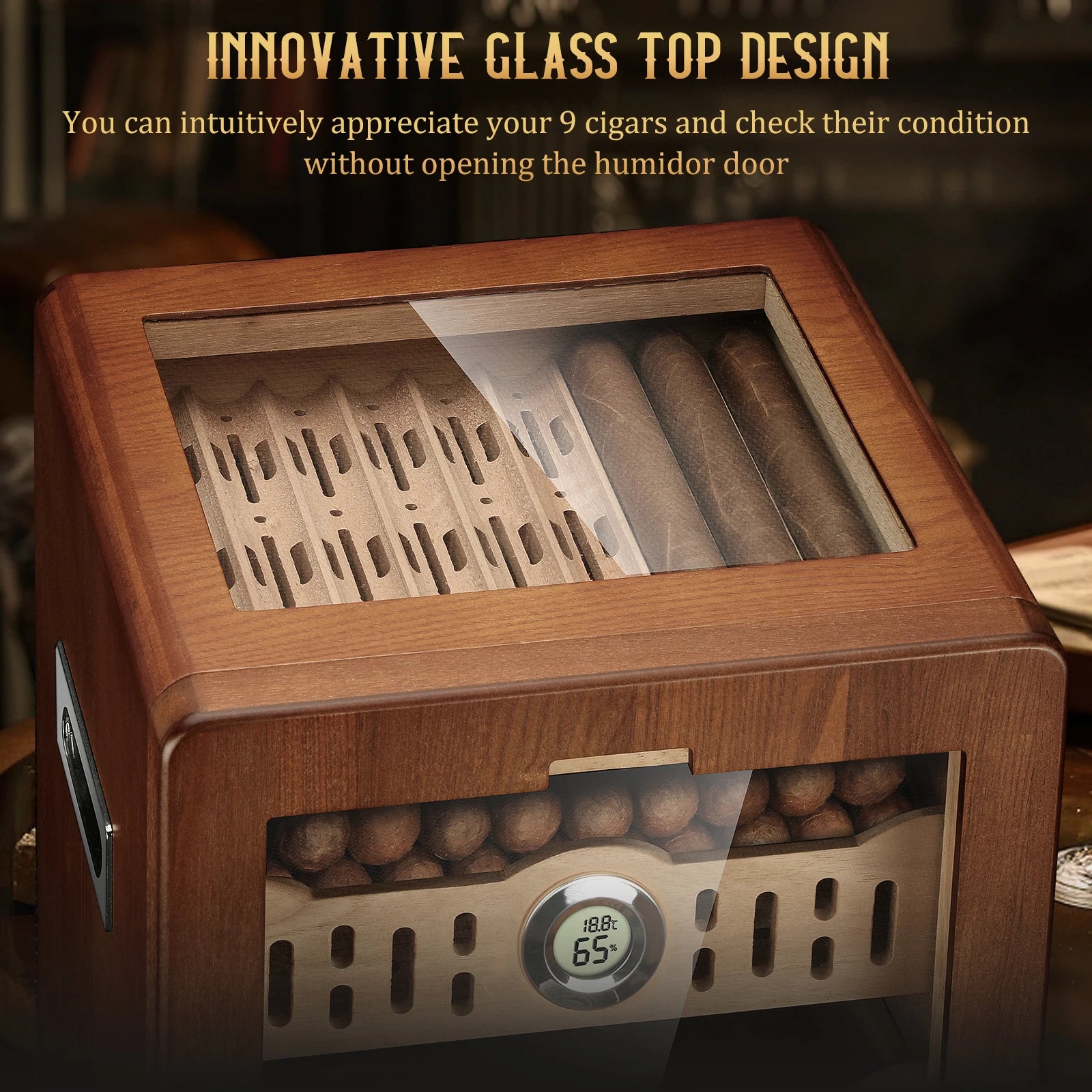 Cigar Humidor Cabinet,Desktop Humidor,with 4 Spanish Cedar Wood Shelves, 2 Humidifiers,Digital Hygrometer Thermometer and Drawer