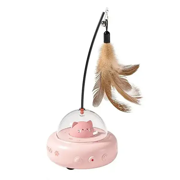 Jouet interactif 2 en 1 pour chat LSDLBoutique – base rose avec dôme transparent, baguette à plumes et pointeur laser.