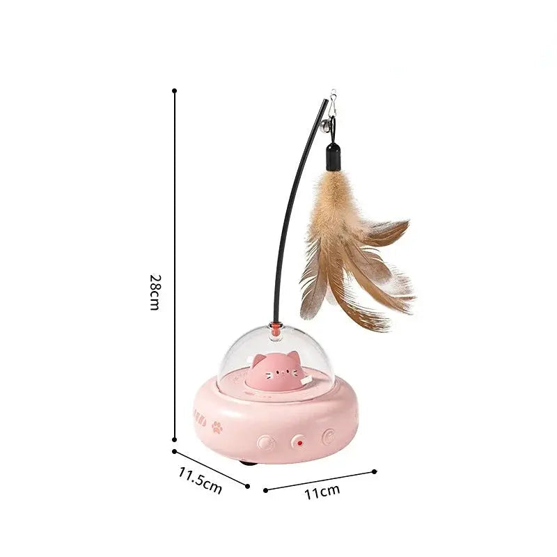 Jouet interactif pour chat rose 2 en 1, base ronde en plastique avec tête de chat et baguette à plumes