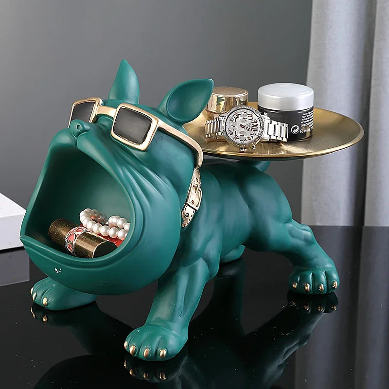 Figurine Bouledogue En Résine Avec Plateau Décor Maison
