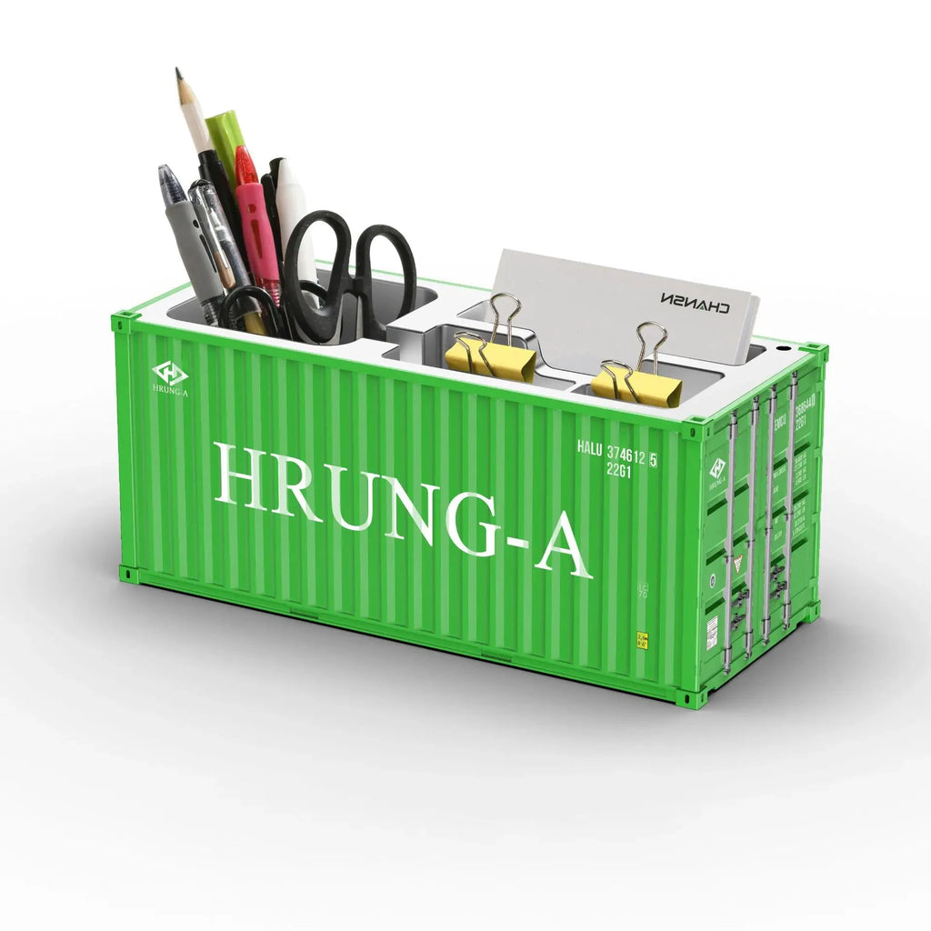 Porte-stylos en forme de conteneur maritime vert, organisateur de bureau en plastique avec stylos et ciseaux