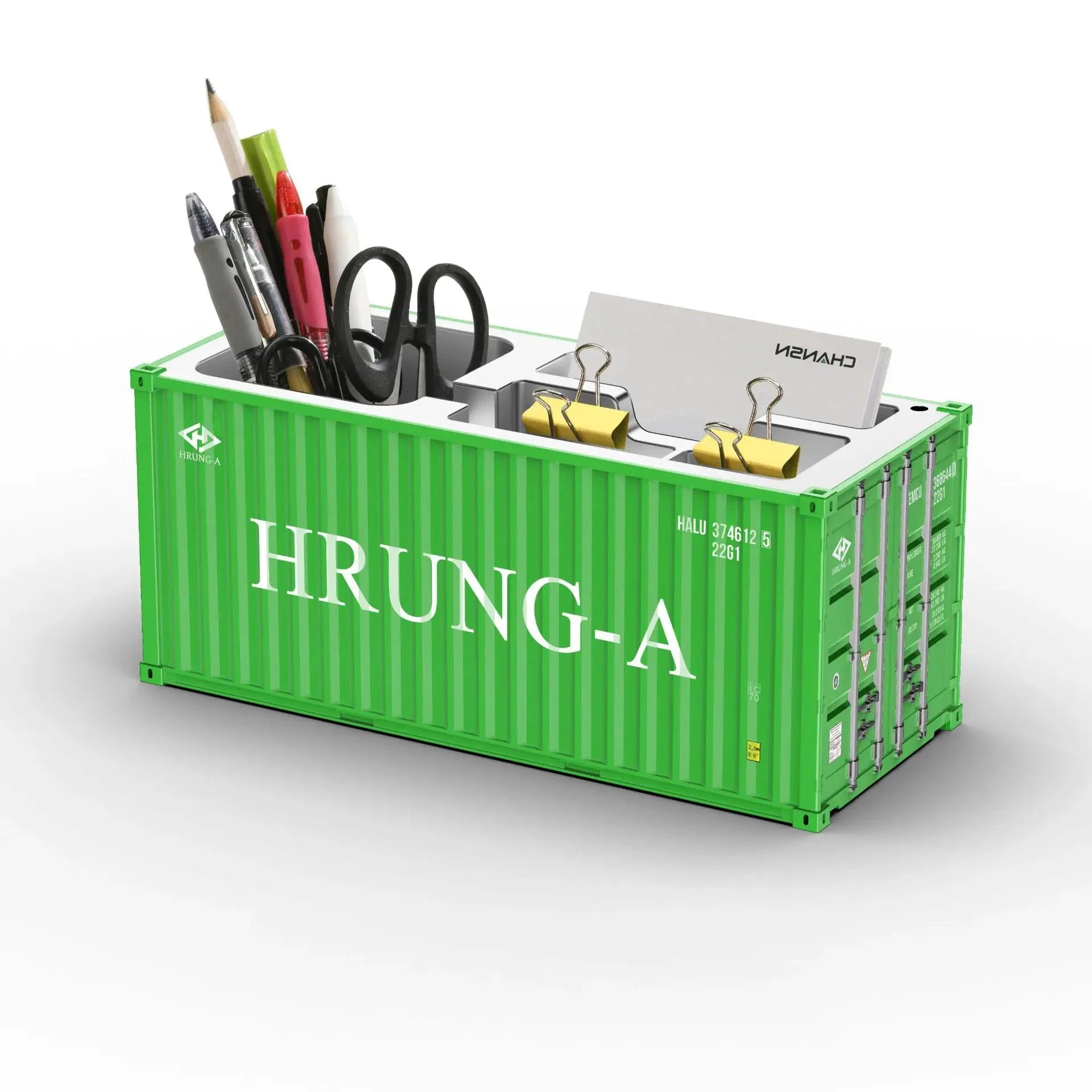Porte-stylos en forme de conteneur maritime vert, organisateur de bureau en plastique avec stylos et ciseaux
