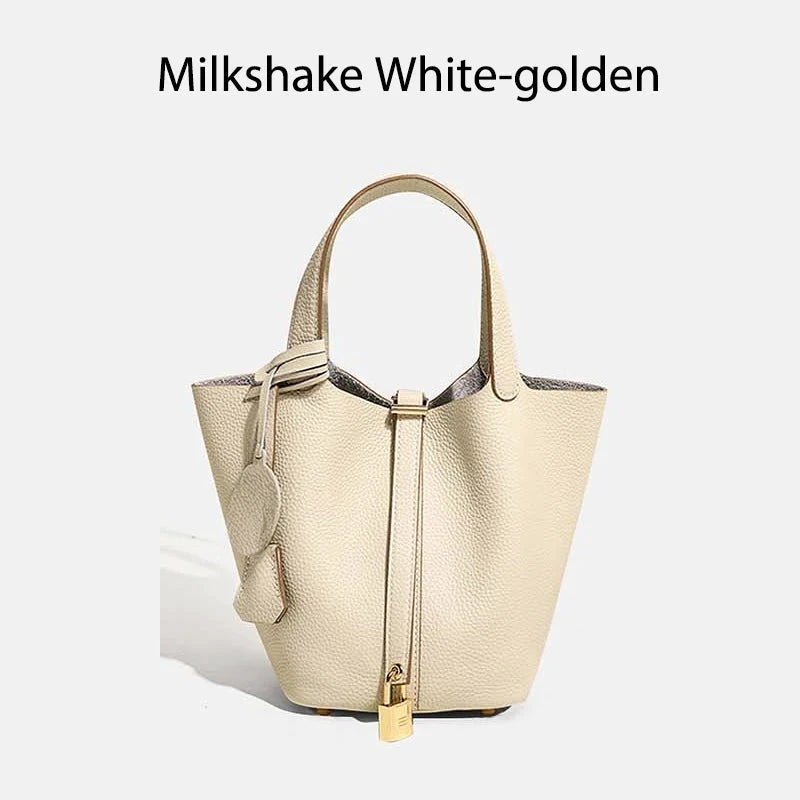 Sac à main seau en cuir véritable Mendy, beige ivoire, bucket bag