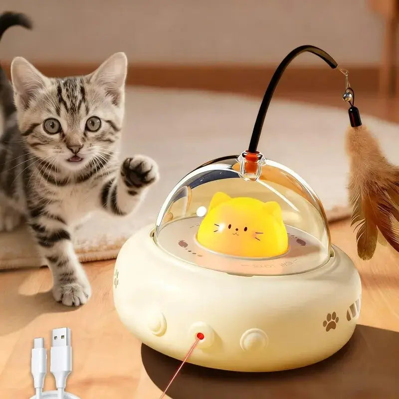 Jouet interactif 2 en 1 pour chats d'intérieur, rechargeable, base beige avec dôme transparent et baguette à plumes
