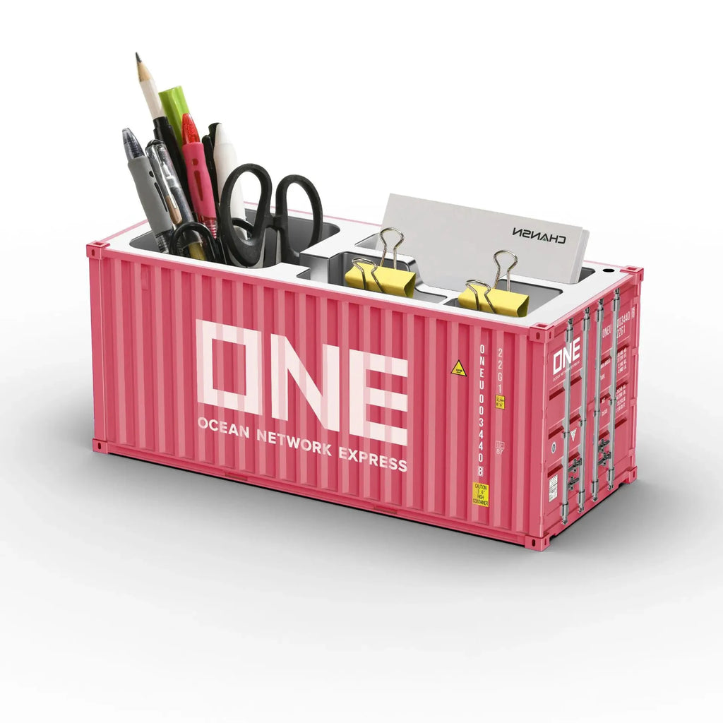Porte-stylos en forme de conteneur maritime rose, organisateur de bureau.