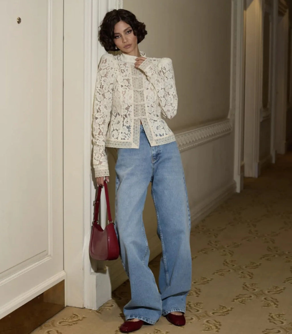 Tossy Chemise Dentelle Imprimée Transparente Écru Manches Longues