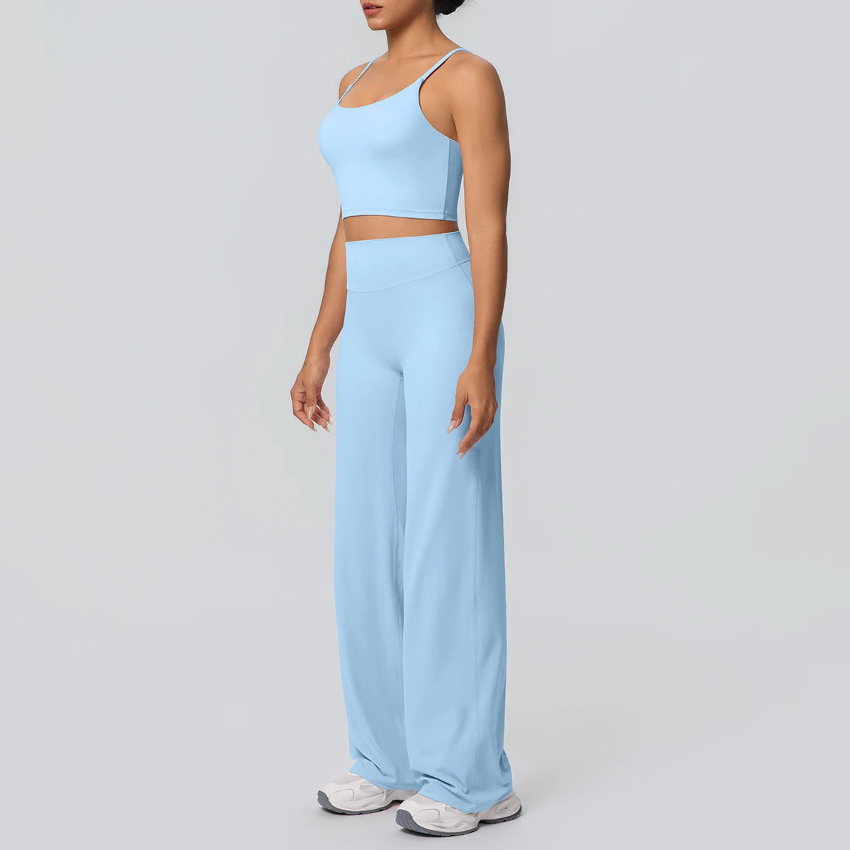 Ensemble Sport Femme Bleu Clair Dos Nu Bretelles Pantalon Taille Haute