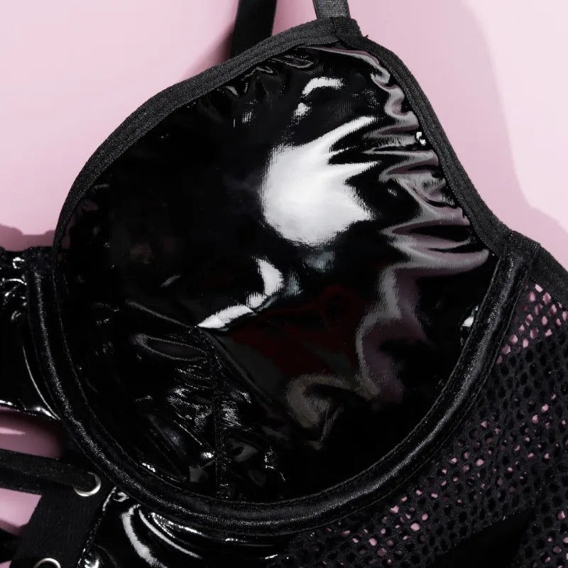 Tornova Lingerie Black Patchwork PU Lace-Up Bustier and Panties