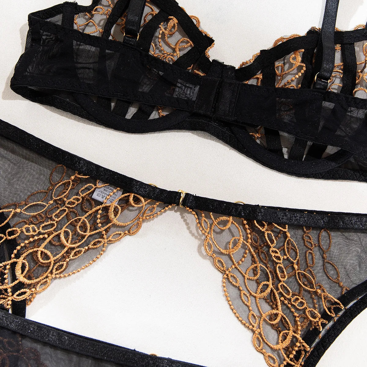 Toucheart 4-Piece Lingerie Set, Gold and Black Lace