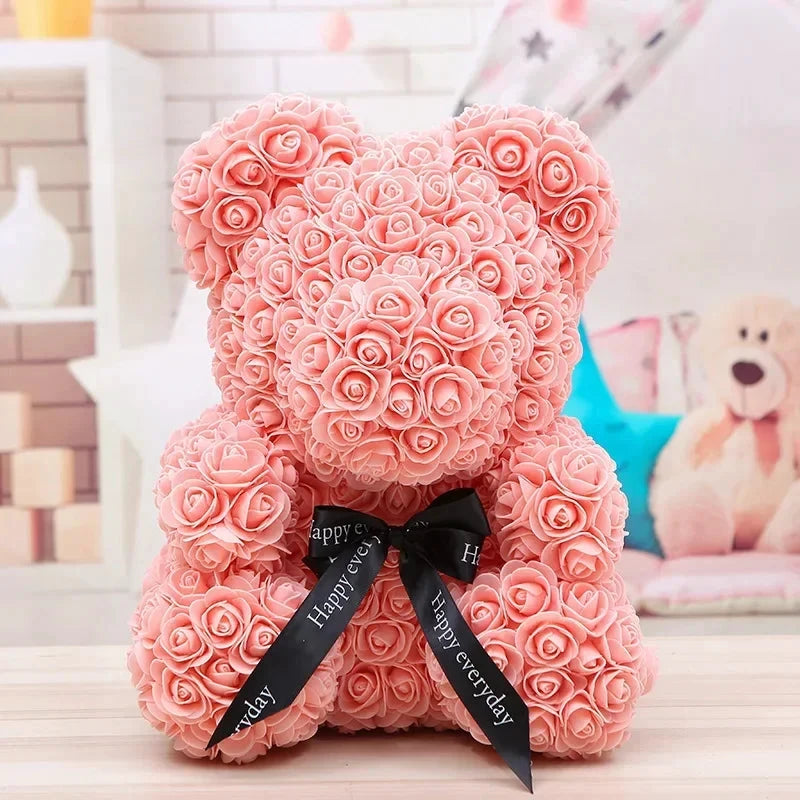Ourson en roses éternelles avec boîte – 40 cm
