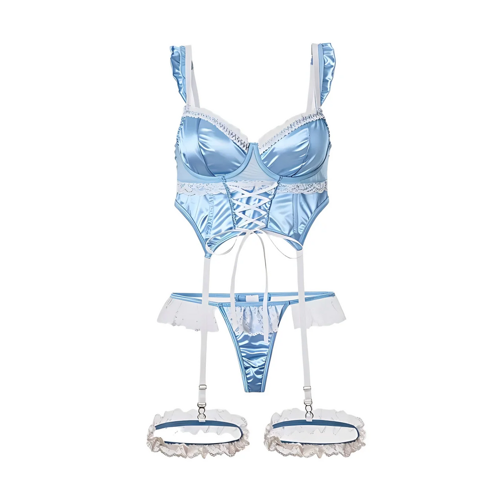 Ensemble lingerie satin jacquard – Bustier cœur, laçage devant