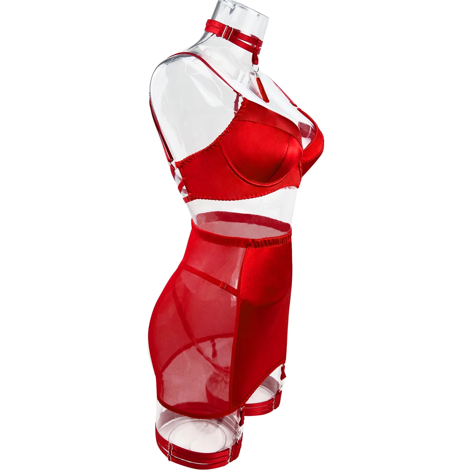 Ellolace Dessous-Set, feiner Satin und Spitze, Rot, 5-teilig