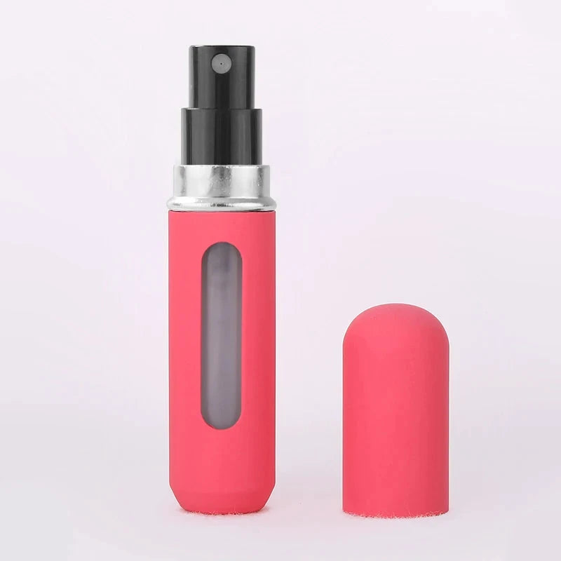 Vaporisateur de parfum rechargeable 5 ml, corps rose avec fenêtre et bouchon assorti