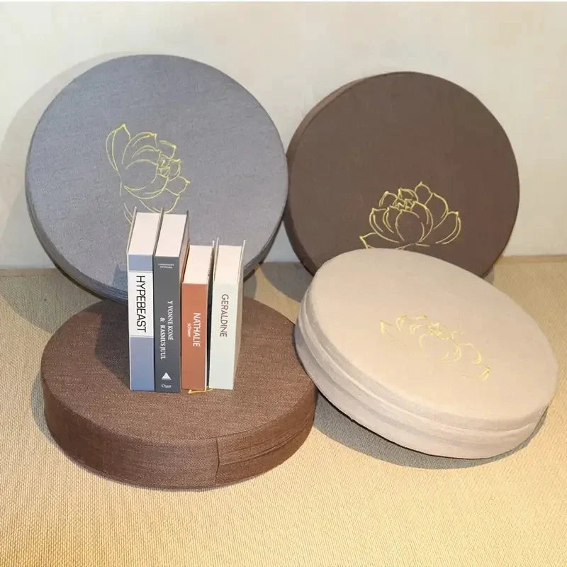 Coussin Méditation Lin Yoga 40x6 cm Motif Lotus Doré Violet