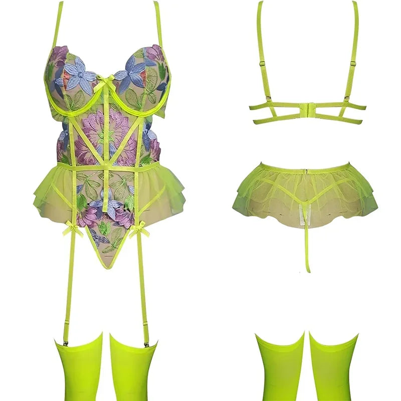 Toucheart Dessous-Set, bestickter rückenfreier BH, Neongelb