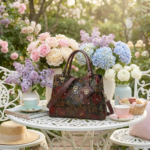 Sac à main rétro floral en jacquard bordeaux; poignées doubles, logo métallique LSDLBoutique