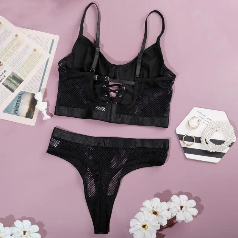 Tornova Lingerie Black Patchwork PU Lace-Up Bustier and Panties