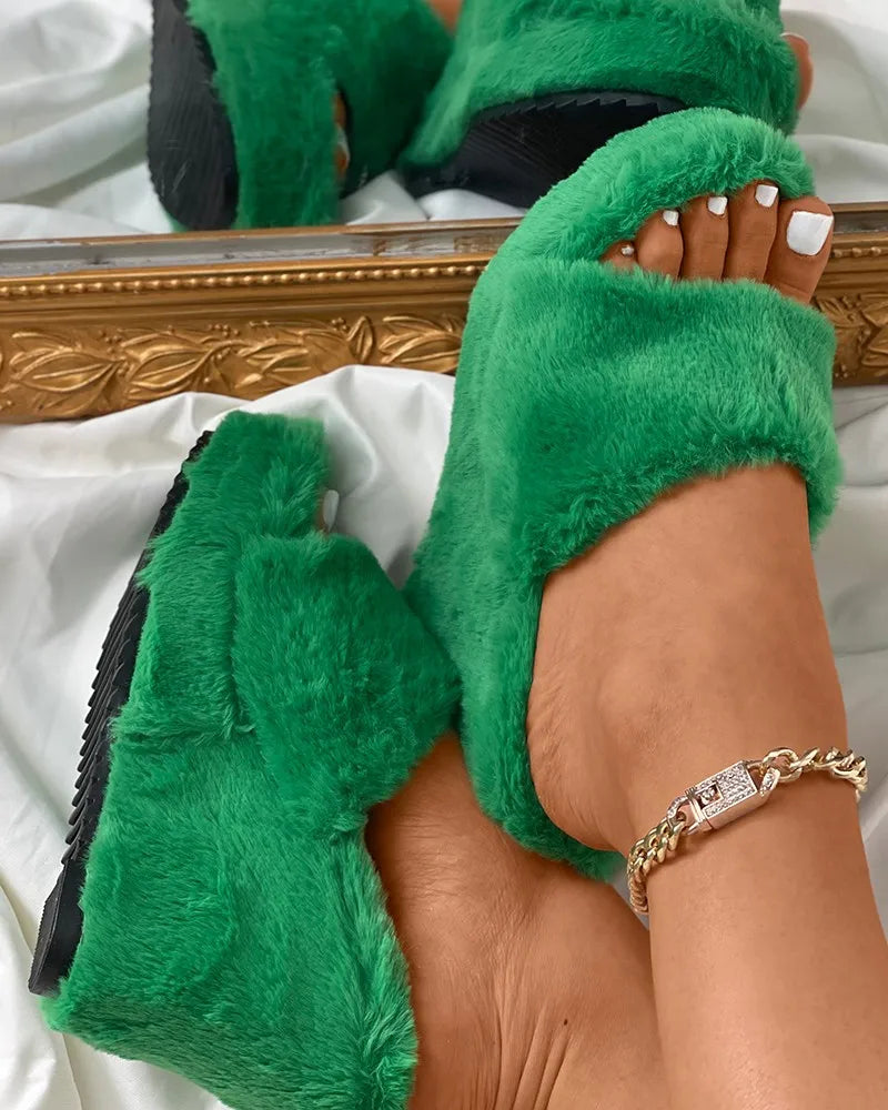 Pantoufles Femme Plateau Fourrure Fausse Talon Épais