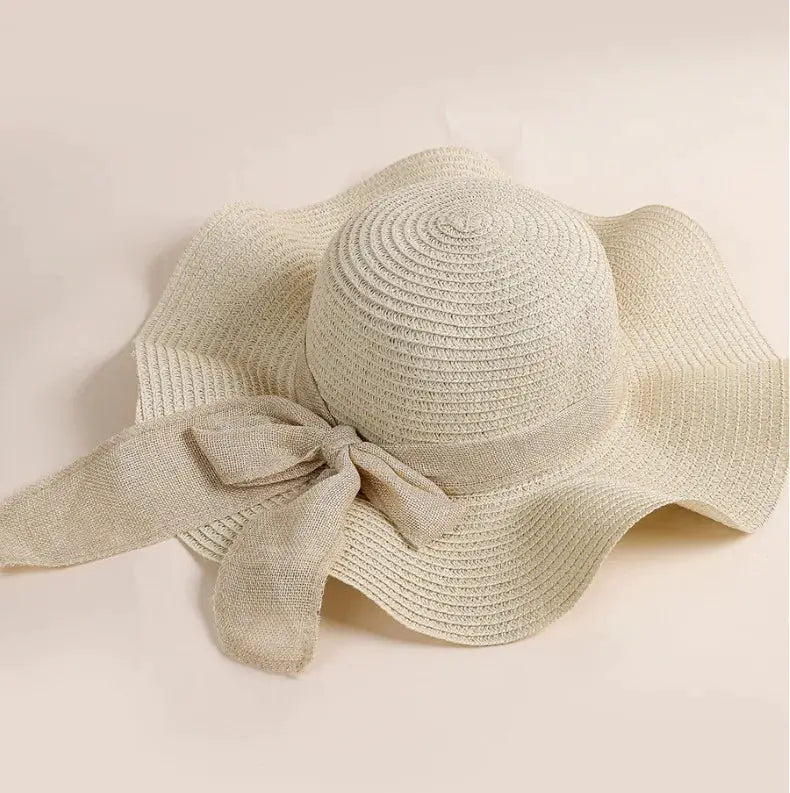 Chapeau de plage en paille beige à grand bord avec nœud décoratif, LSDLBoutique chapeau soleil
