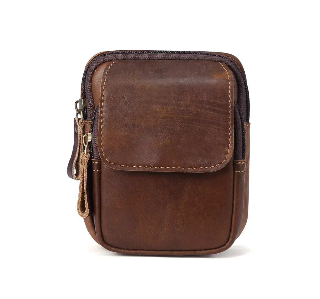 Sac de Taille en Cuir Brun avec Deux Compartiments et Fermeture Éclair