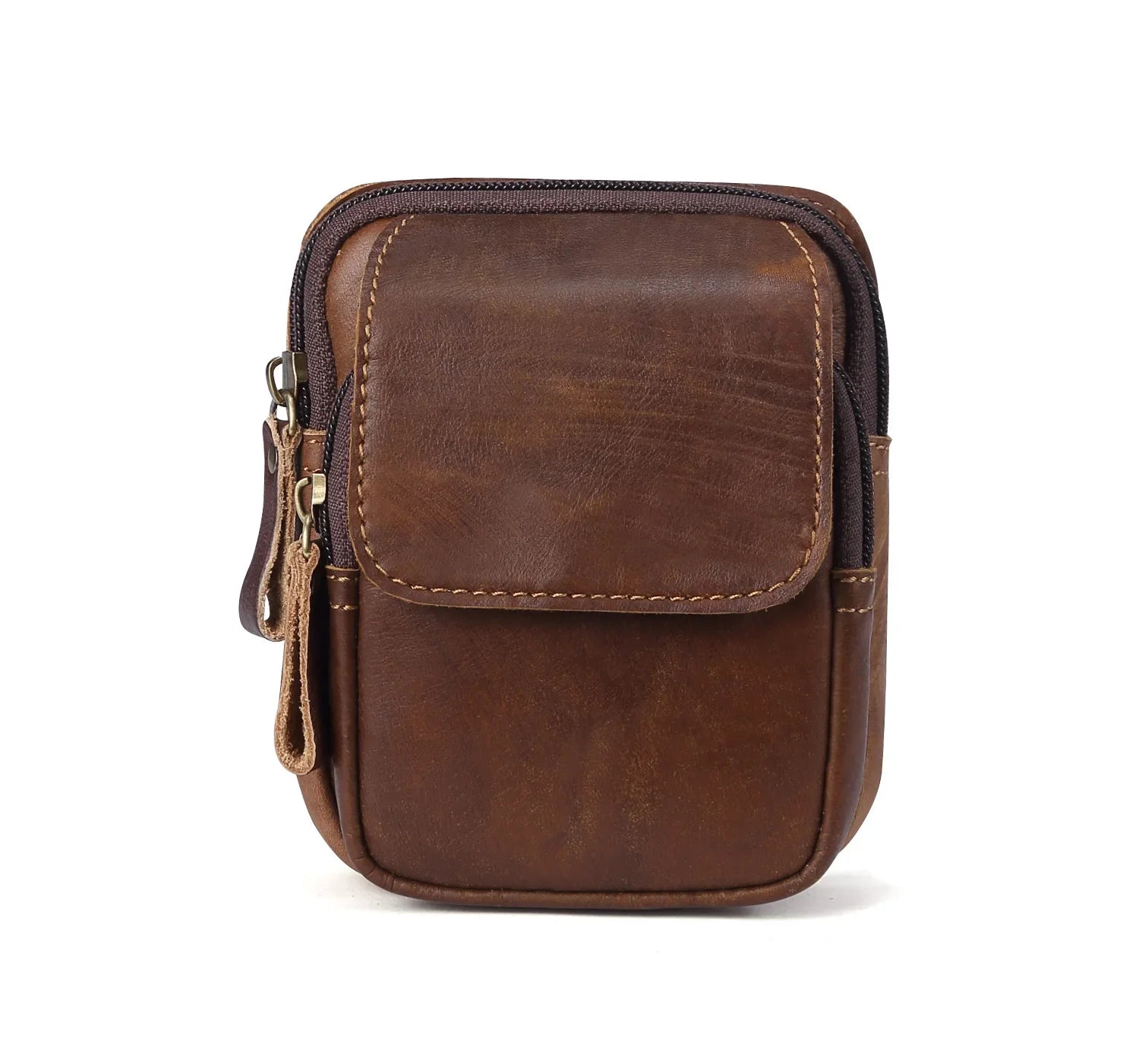 Sac de Taille en Cuir Brun avec Deux Compartiments et Fermeture Éclair