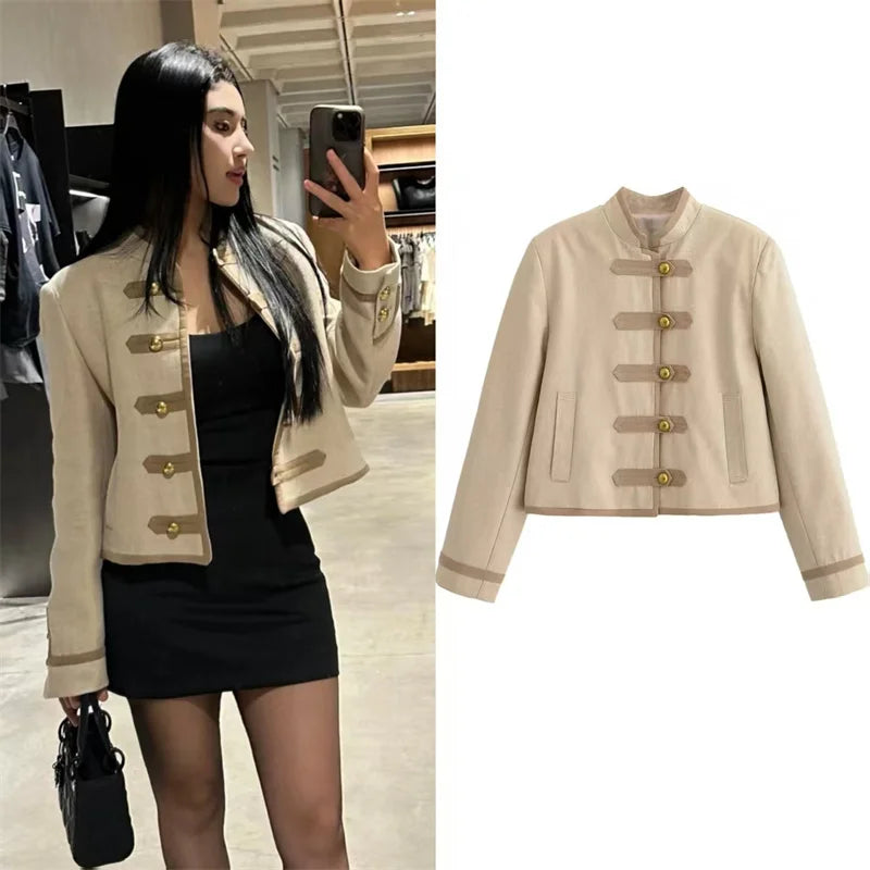 Guobioziy Veste Khaki Col Montant Napoléon Boutons