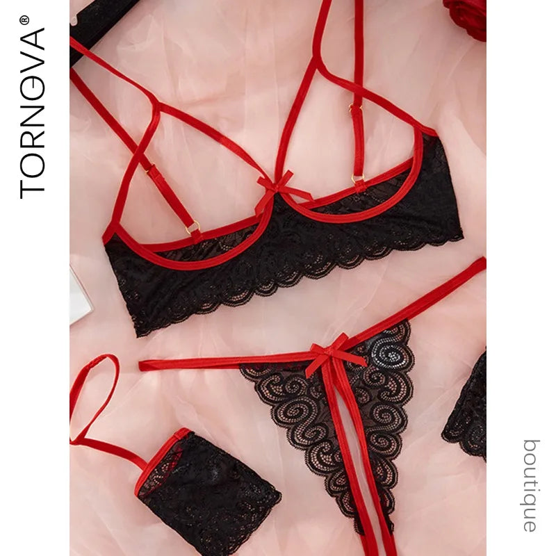Tornova Lingerie Lace Bow Tie Garter Belt Black Red