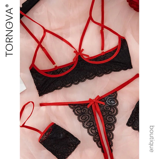 Tornova Lingerie Dentelle Noeud Papillon Jarretières Noir Rouge