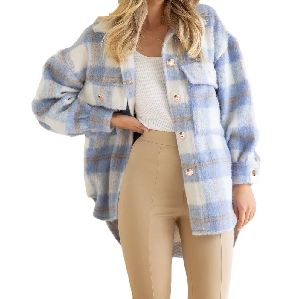 Manteau Plaid Mohair Laine Épais Femme Automne Hiver