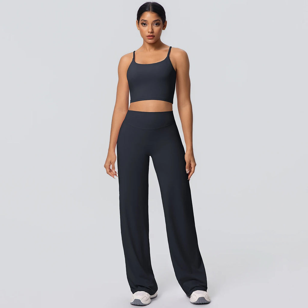 Ensemble Sport Femme Bleu Clair Dos Nu Bretelles Pantalon Taille Haute