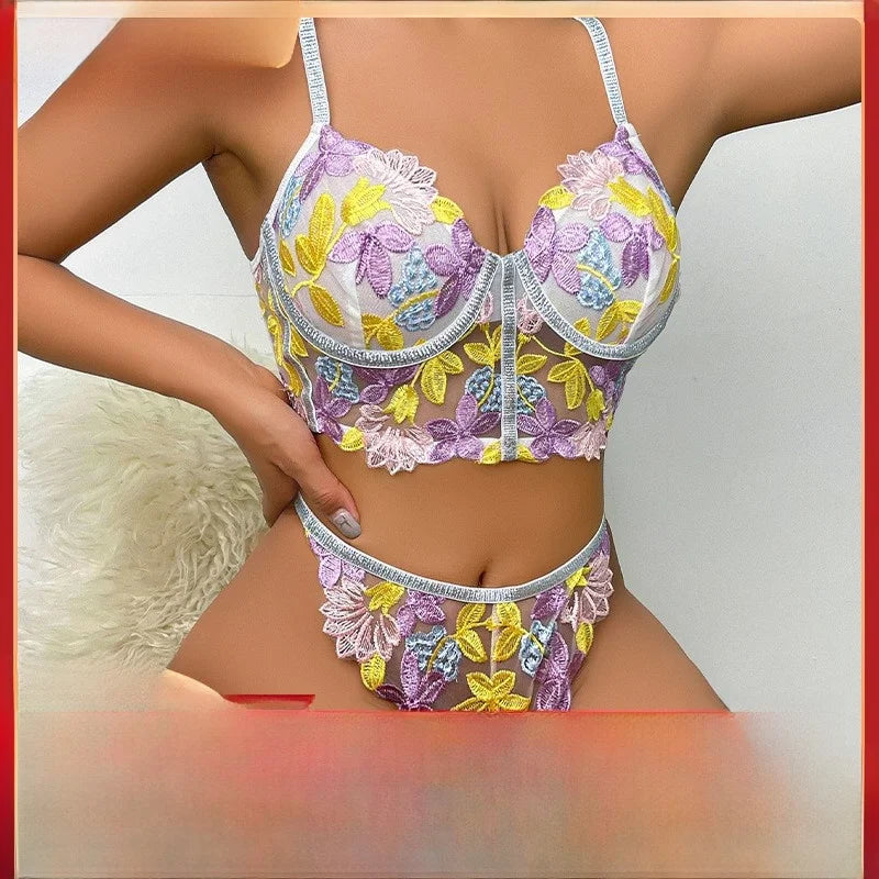 Les Secrets de Léa Ensemble Soutien-Gorge Transparent Maille Fleurie Dos Nu